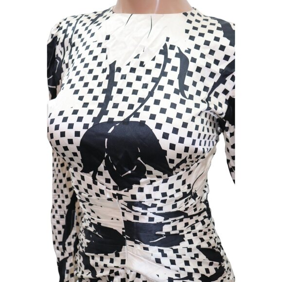 LESLIE RUBIN 50s Style Statement Black & White Floral Silk Midi Dress 4 - Picture 4 of 14